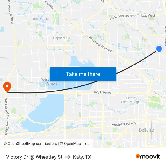 Victory Dr @ Wheatley St to Katy, TX map