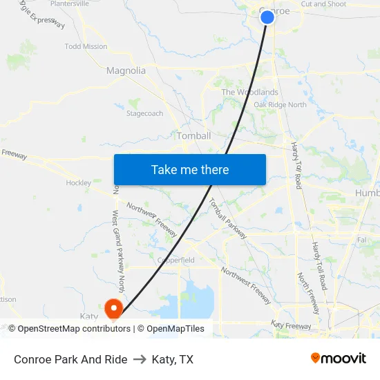 Conroe Park And Ride to Katy, TX map