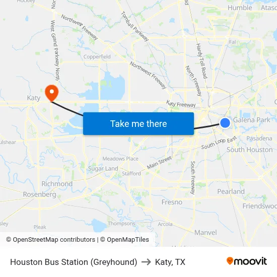Houston Bus Station (Greyhound) to Katy, TX map