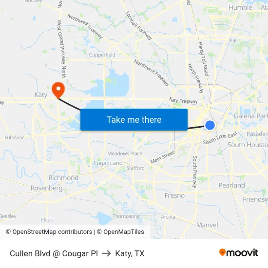 Cullen Blvd @ Cougar Pl to Katy, TX map