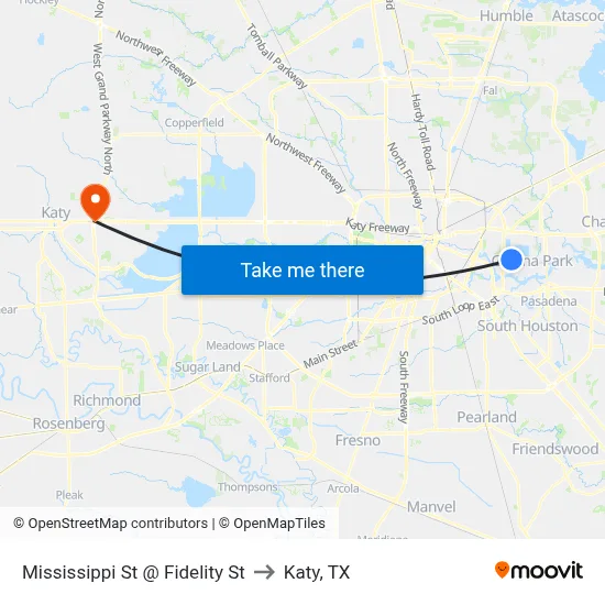 Mississippi St @ Fidelity St to Katy, TX map
