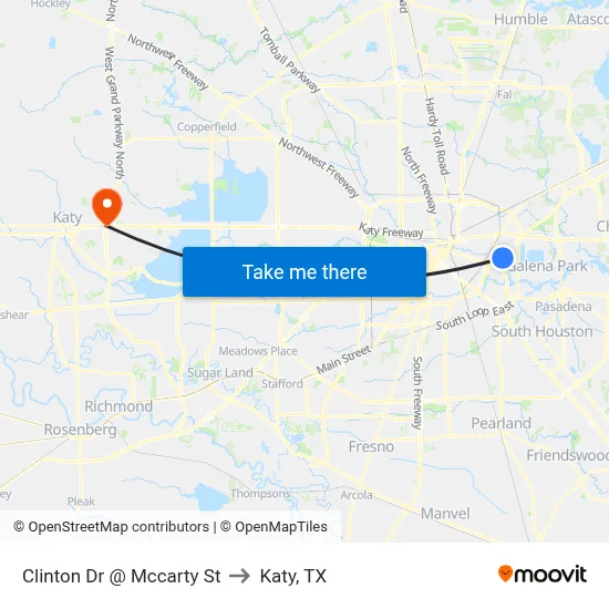 Clinton Dr @ Mccarty St to Katy, TX map