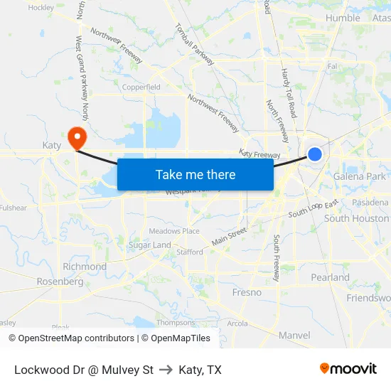 Lockwood Dr @ Mulvey St to Katy, TX map