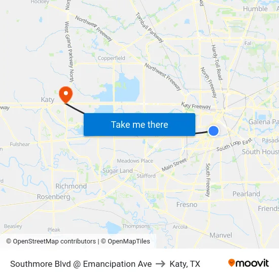 Southmore Blvd @ Emancipation Ave to Katy, TX map