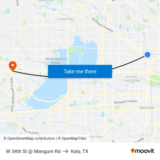 W 34th St @ Mangum Rd to Katy, TX map