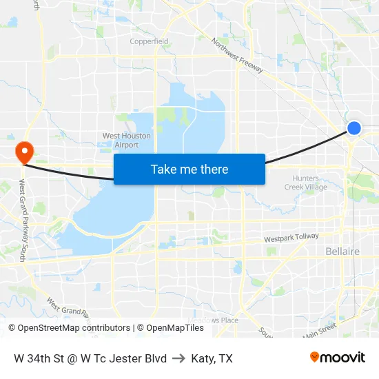 W 34th St @ W Tc Jester Blvd to Katy, TX map