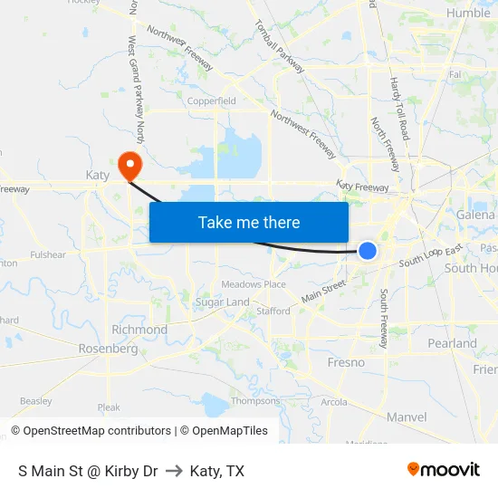S Main St @ Kirby Dr to Katy, TX map