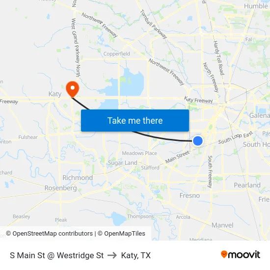 S Main St @ Westridge St to Katy, TX map