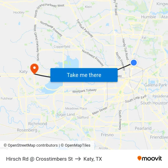 Hirsch Rd @ Crosstimbers St to Katy, TX map
