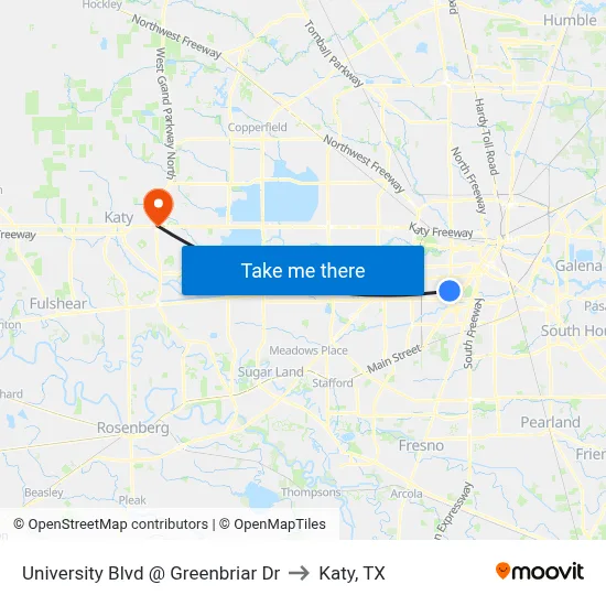 University Blvd @ Greenbriar Dr to Katy, TX map