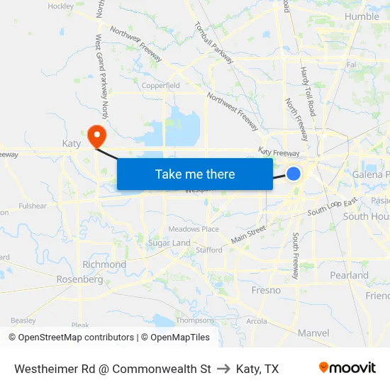 Westheimer Rd @ Commonwealth St to Katy, TX map