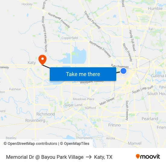 Memorial Dr @ Bayou Park Village to Katy, TX map