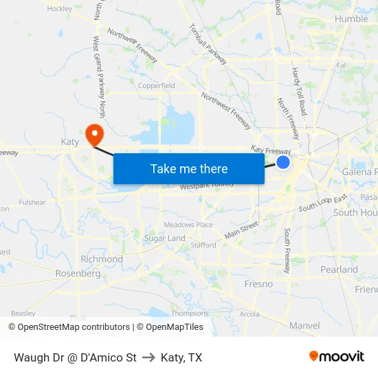 Waugh Dr @ D'Amico St to Katy, TX map
