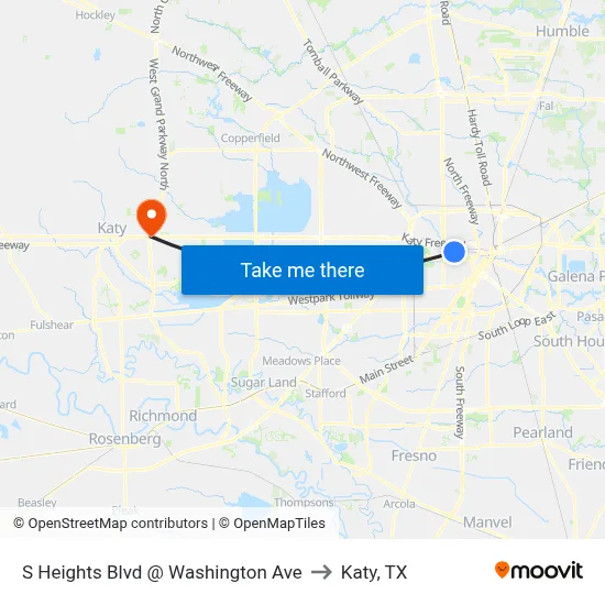 S Heights Blvd @ Washington Ave to Katy, TX map