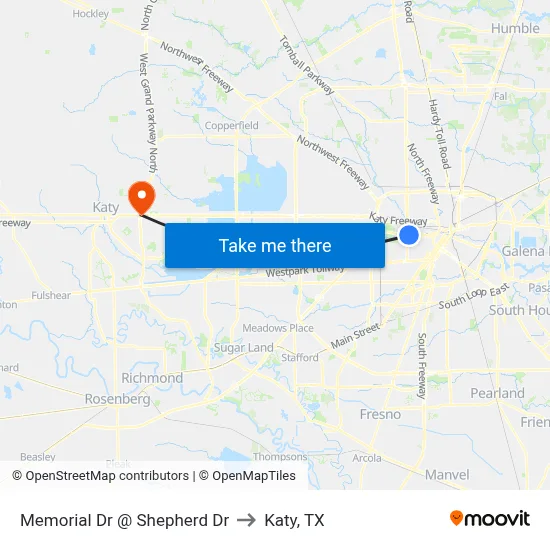 Memorial Dr @ Shepherd Dr to Katy, TX map
