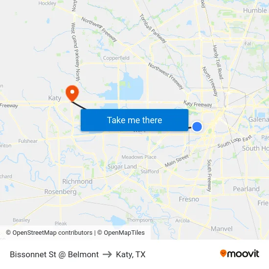 Bissonnet St @ Belmont St to Katy, TX map
