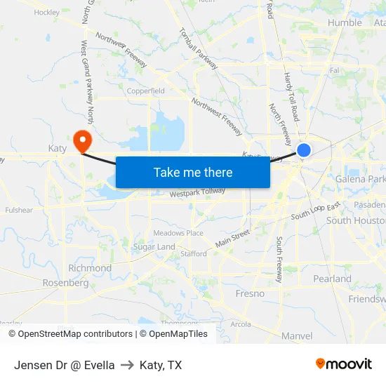 Jensen Dr @ Evella to Katy, TX map