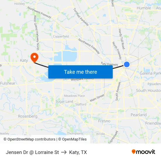 Jensen Dr @ Lorraine St to Katy, TX map