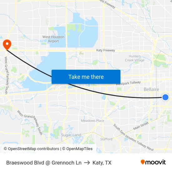 Braeswood Blvd @ Grennoch Ln to Katy, TX map