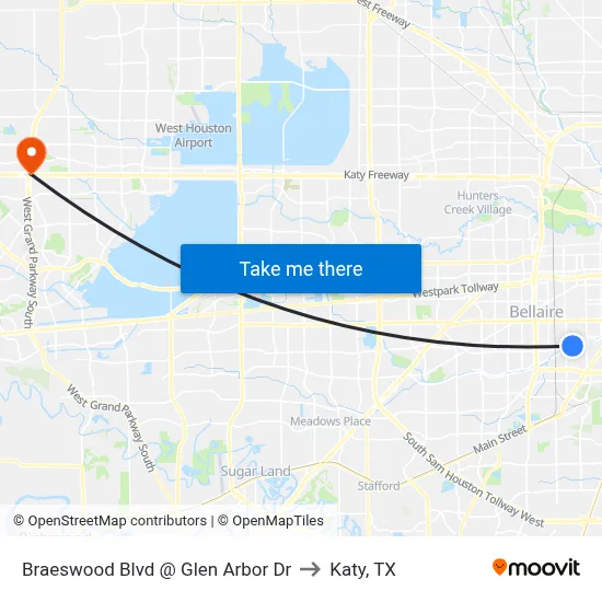 Braeswood Blvd @ Glen Arbor Dr to Katy, TX map