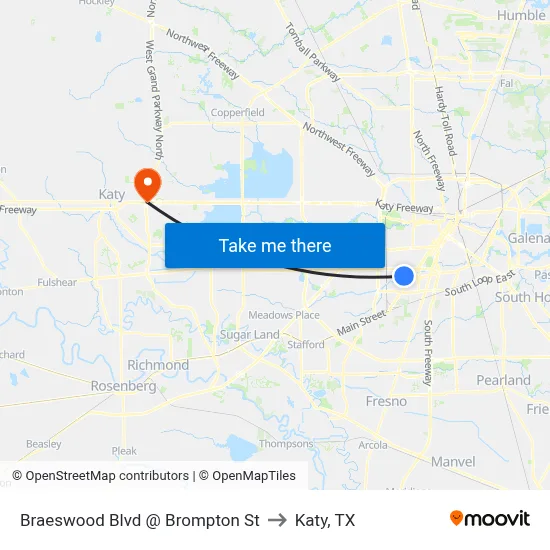 Braeswood Blvd @ Brompton St to Katy, TX map