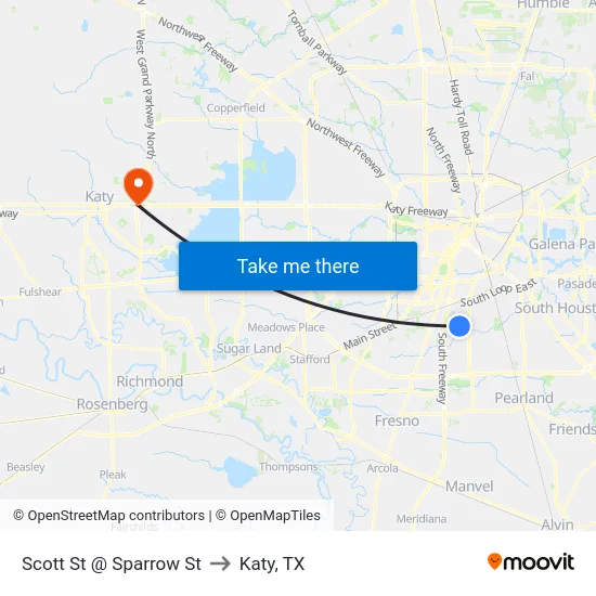 Scott St @ Sparrow St to Katy, TX map