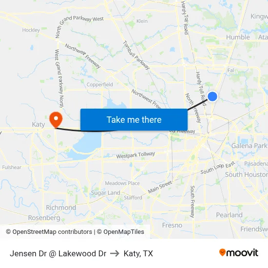 Jensen Dr @ Lakewood Dr to Katy, TX map
