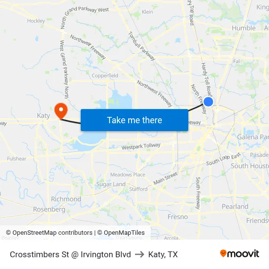 Crosstimbers St @ Irvington Blvd to Katy, TX map