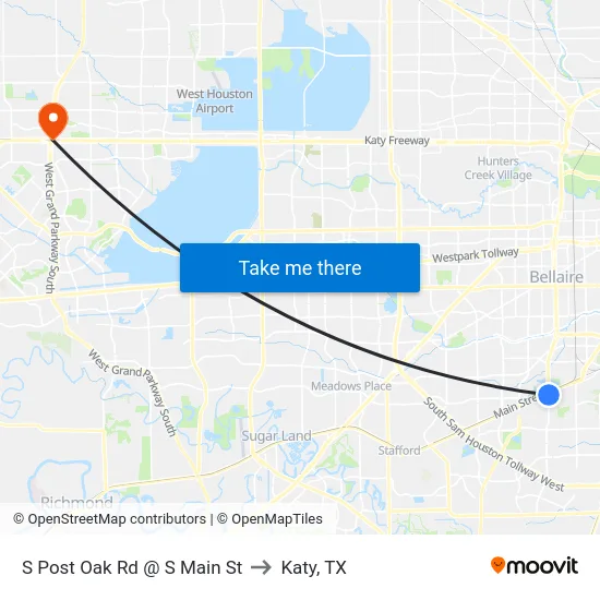 S Post Oak Rd @ S Main St to Katy, TX map