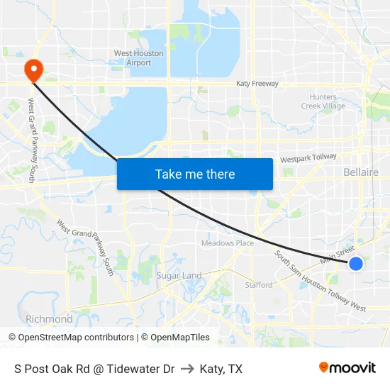 S Post Oak Rd @ Tidewater Dr to Katy, TX map