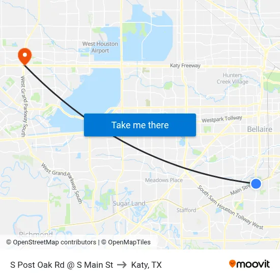 S Post Oak Rd @ S Main St to Katy, TX map