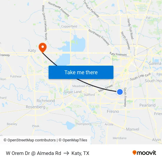W Orem Dr @ Almeda Rd to Katy, TX map