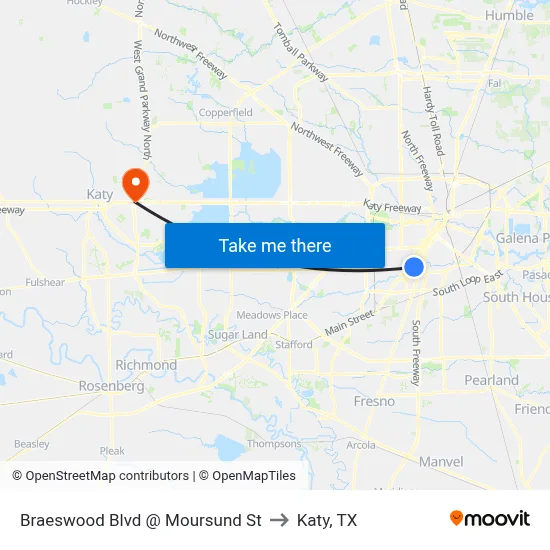 Braeswood Blvd @ Moursund St to Katy, TX map
