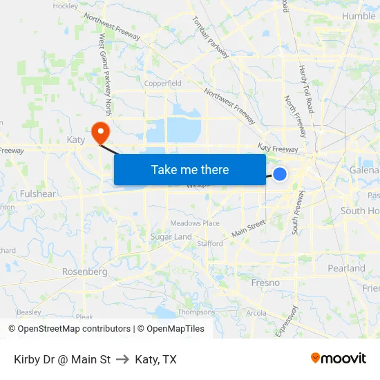 Kirby Dr @ Main St to Katy, TX map