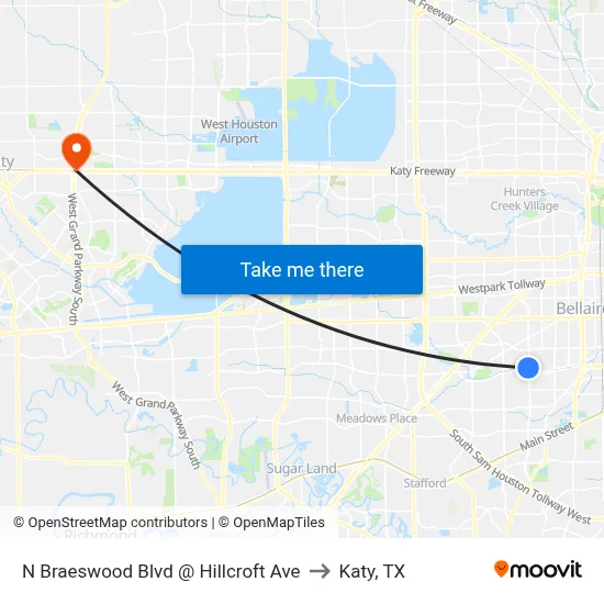 N Braeswood Blvd @ Hillcroft Ave to Katy, TX map