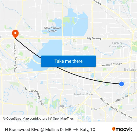 N Braeswood Blvd @ Mullins Dr MB to Katy, TX map