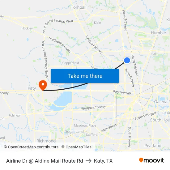 Airline Dr @ Aldine Mail Route Rd to Katy, TX map