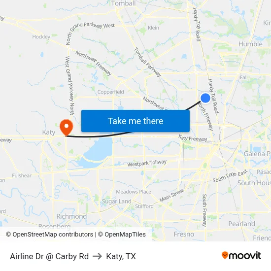 Airline Dr @ Carby Rd to Katy, TX map