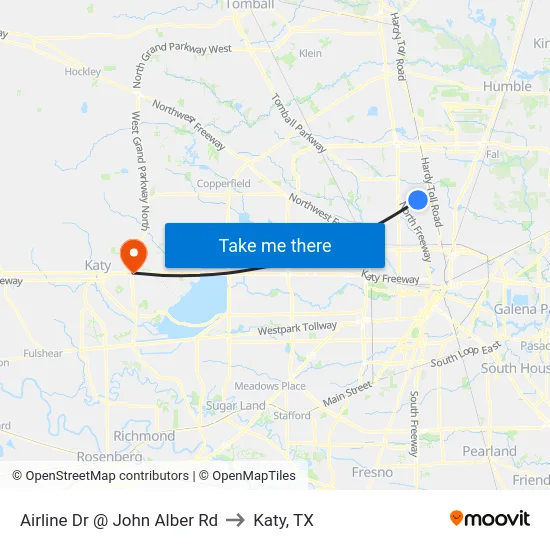 Airline Dr @ John Alber Rd to Katy, TX map