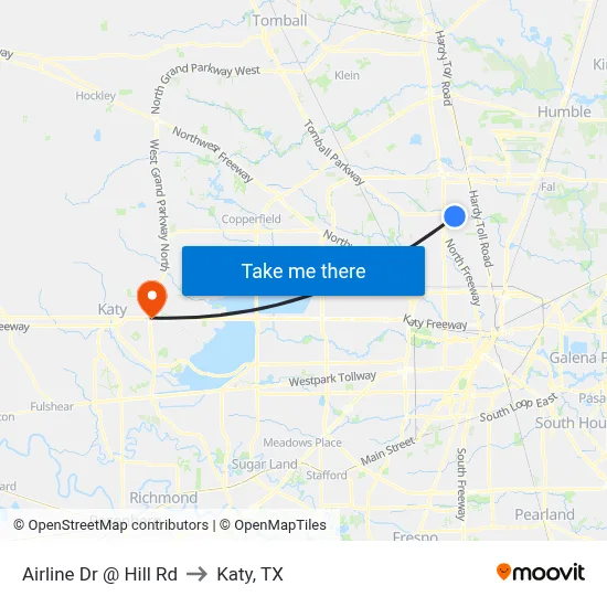 Airline Dr @ Hill Rd to Katy, TX map