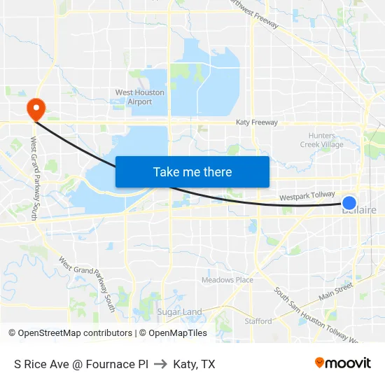 S Rice Ave @ Fournace Pl to Katy, TX map