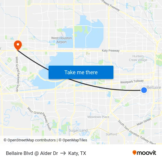 Bellaire Blvd @ Alder Dr to Katy, TX map