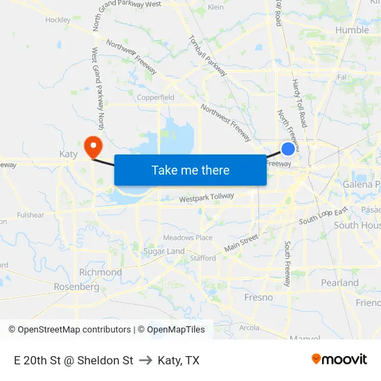 E 20th St @ Sheldon St to Katy, TX map