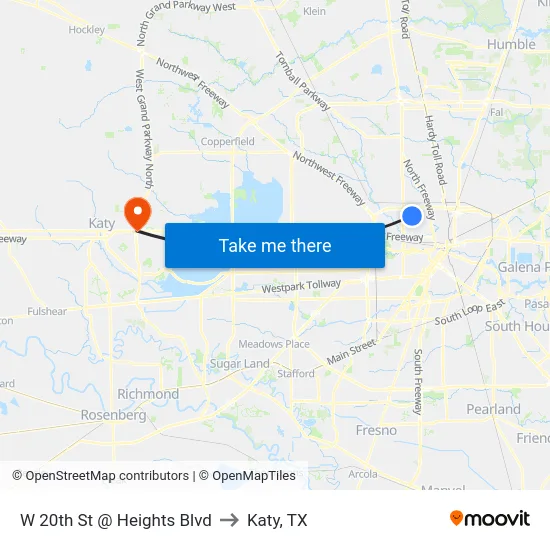 W 20th St @ Heights Blvd to Katy, TX map