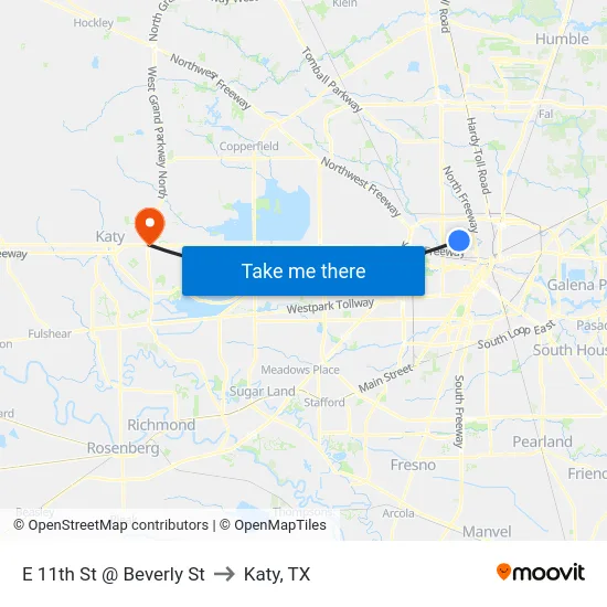 E 11th St @ Beverly St to Katy, TX map