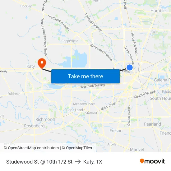 Studewood St @ 10th 1/2 St to Katy, TX map