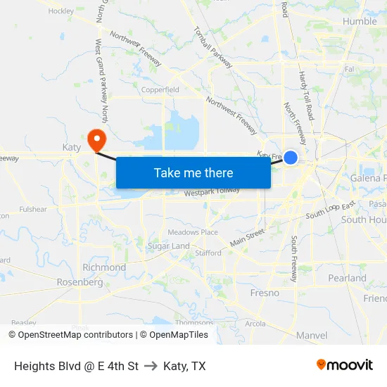 Heights Blvd @ E 4th St to Katy, TX map