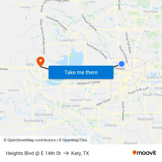 Heights Blvd @ E 14th St to Katy, TX map