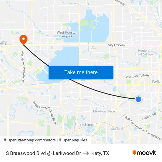S Braeswood Blvd @ Larkwood Dr to Katy, TX map