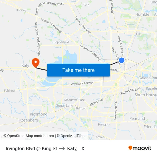 Irvington Blvd @ King St to Katy, TX map